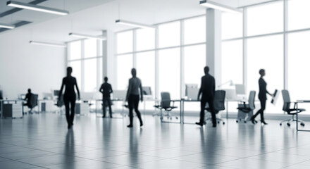 Dynamic Office Life: Capturing the bustle of a modern office space, silhouetted professionals move purposefully through an open, light-filled environment.