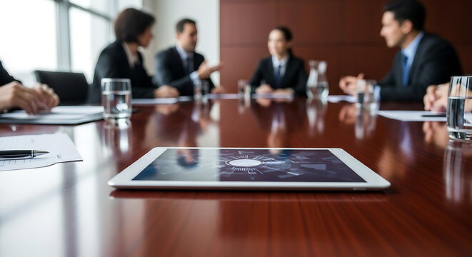 Boardroom Discourse: A focused business meeting unfolds in a modern boardroom. A tablet rests prominently on the polished table.
