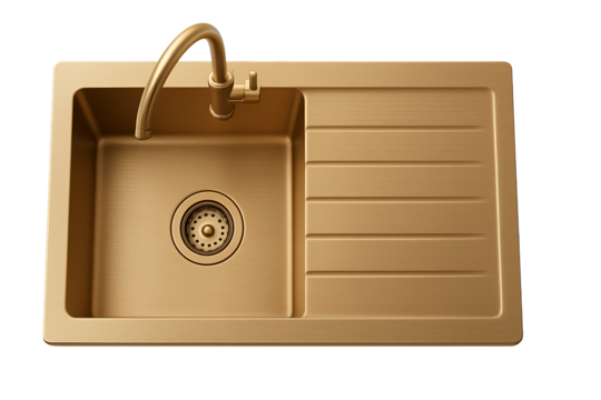 Modern golden kitchen sink isolated on transparent background