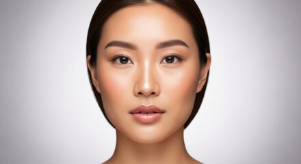 Obraz premium Elegant portrait of a young woman with flawless skin and natural makeup in studio lighting