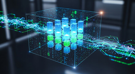 Cybernetic Cube: A futuristic depiction of data streams and digital architecture. The cube pulses with vibrant energy, highlighting the complex network of information processing.