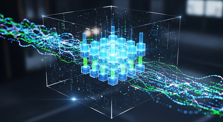 Cybernetic Innovation: A futuristic depiction of a glowing, three-dimensional digital data, evoking a sense of technological advancement and scientific exploration.