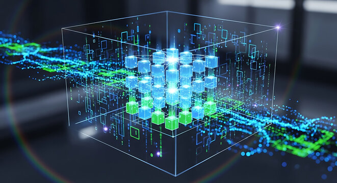 Digital Intelligence Cube: An abstract rendering of a transparent cube displaying complex networks, data streams, and interconnected nodes, embodying the intricate workings of digital intelligence.