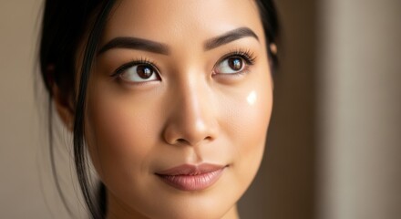 Close-up Portrait of an Asian Woman with Clear Skin and Bright Eyes in Soft Lighting