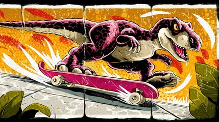 Dynamic cartoon illustration of a fierce pink dinosaur riding a skateboard against a retro background, blending humor, action, and urban style