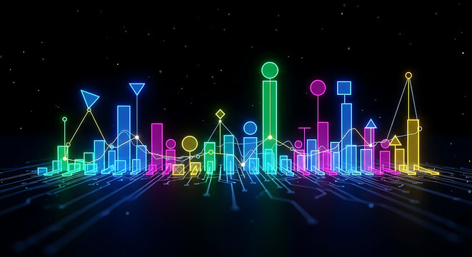 Vibrant Digital Cityscape: a dynamic, glowing data visualization representing a city skyline at night, with neon lights and a futuristic feel. 