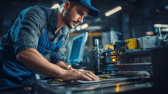 Side view of a printing specialist adjusting a machine during the creation of a flexible plastic flexographic plate emphasizing handson craftsmanship and modern equipment
