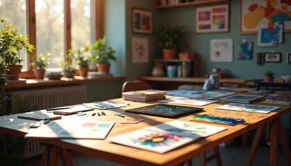 Artist workspace with paintings on table. Bright studio room with artwork. Creative space filled with diverse art. Table with drawings and paints. Plants near window in cozy interior.