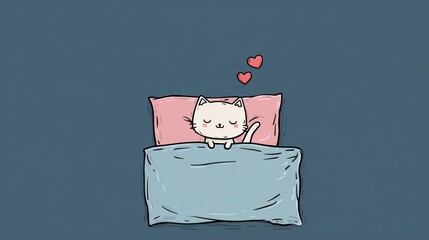 Adorable cartoon of a sleepy white cat tucked in bed with hearts above, expressing comfort, coziness, and sweet dreams in a minimalist style