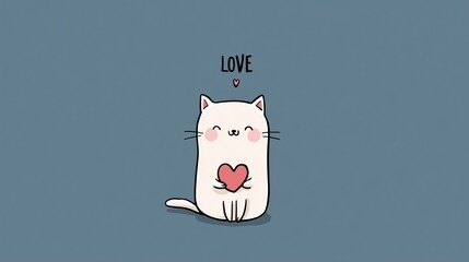 Minimalist cartoon of a smiling white cat holding a heart with “Love” text above, radiating affection, joy, and pure cuteness on a soft blue background