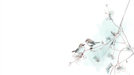 Delicate watercolor illustration of two small birds perched on a branch, surrounded by soft pastel foliage and white space for poetic and artistic expression