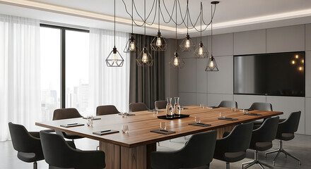 Elegant Conference Room: A modern conference room features a large wooden table with comfortable chairs, stylish lighting, and a large display screen.