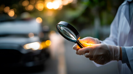 Forensic specialist in protective gloves using magnification tool examining fingerprint evidence faceless investigator defocused vehicle background crime scene investigation