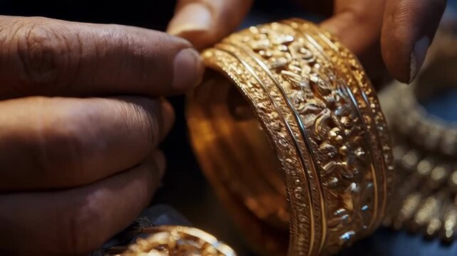 Closeup medium shot of intricate jewelry being coated with shimmering gold electroplating highlighting fine craftsmanship and reflective surfaces.