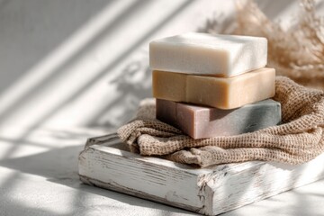 A Serene Arrangement of Handmade Soaps with Natural Textures and Soft Lighting, Creating a Calm and Inviting Atmosphere for Relaxation and Self-Care