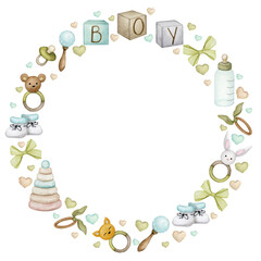 Round frame for a baby boy in pastel colors. Watercolor wreath, backdrop for birthday card, gender party, baby shower, children's party. Greeting card, invitation in Scandinavian, boho styles. 

