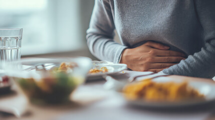 Person wearing a gray sweater holding their stomach in discomfort while sitting at a table with various plates of food and a glass of water nearby