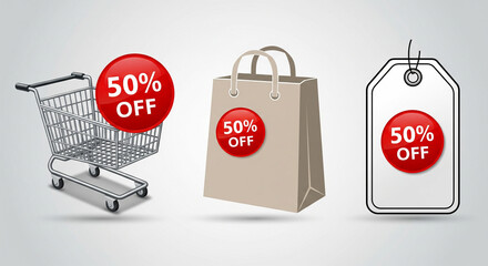 Three icons side-by-side on a light background: a chrome shopping cart, a paper shopping bag, and a white price tag. Each item features a prominent red, circular sticker displaying "50% OFF"