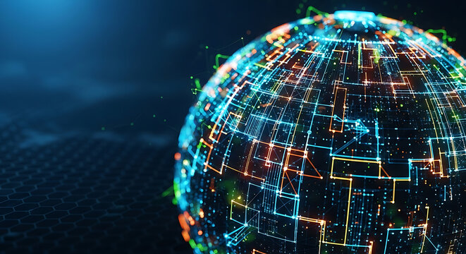 Global Network: An abstract digital globe pulsates with interconnected pathways, symbolizing the world's connected data streams.