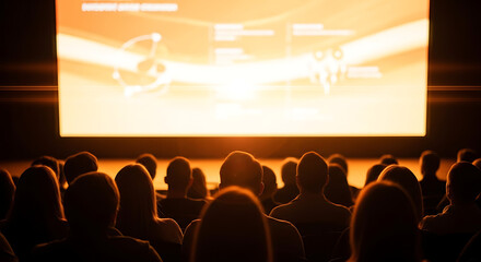 Captivated Audience in Cinema: A collective of enthralled individuals immerses themselves in the cinematic experience within a darkened theater, eyes glued to the illuminated screen. 