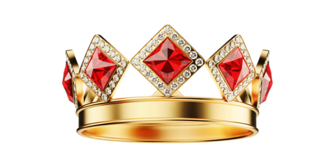 Golden crown with red gemstones isolated on white background