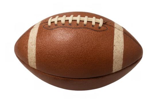 American football ball with laces and stripes for sport games and team championships on transparent background
