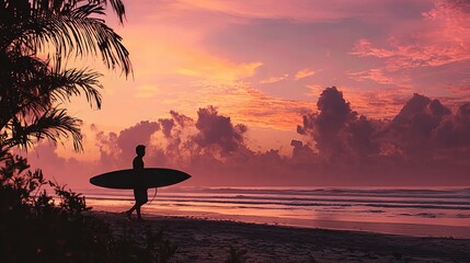 A Serene Sunset: A Surfer Walking Along The Shore With A Surfboard Against A Backdrop Of Vibrant Colors And Clouds Reflecting In The Water