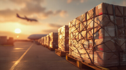Cargo pallets secured with netting lined up on the tarmac at sunset while a commercial airplane takes off in the background at an airport freight terminal