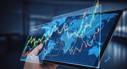 Digital Financial Analysis: A hand interacting with a digital tablet displaying intricate financial charts and global maps, illustrating data-driven strategies and technological advancements.