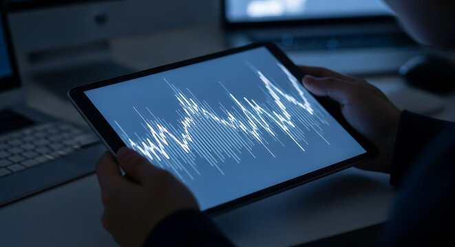 Analyzing Market Trends: A close-up view of an individual intently examining financial charts on a tablet, showcasing the intricate details of market fluctuations in a dim-lit workspace.