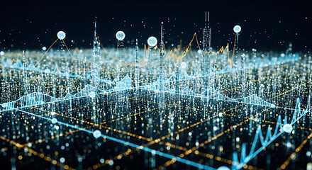 Abstract Digital Cityscape: A mesmerizing digital rendering of a sprawling city, brought to life with glowing lines and points. Evokes a sense of data, information, and the connected world.