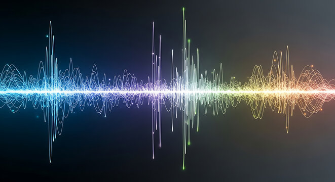 Digital Sound Spectrum: Capturing the vibrant essence of sound through a mesmerizing spectrum, revealing the dynamic energy of digital waves. - Powered by Adobe