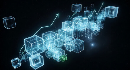 Data Flow Visualization: An abstract representation of data streams, visualized through interconnected cubes and an upward-trending graph, emphasizing digital connectivity and information exchange. 