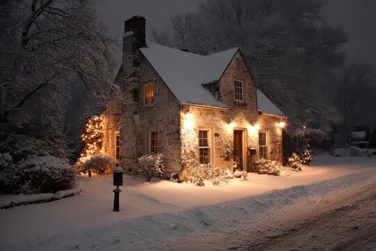 Cozy stone cottage adorned with twinkling lights sits peacefully in snowy winter wonderland under a starry night sky
