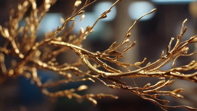 Medium shot focusing on a branched brass sprue emphasizing complex flow divisions for optimized metal distribution