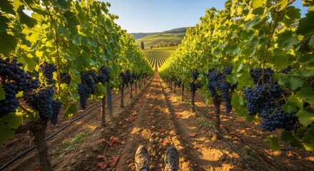 Naklejka premium A scenic view of a vineyard with rows of grapevines, ready for harvest.