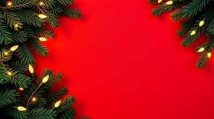 Christmas holiday background with fir tree branches, festive balls, and evergreen decorations border frame