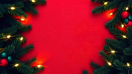 Festive Christmas tree background with gold and red holiday ornaments, pine branches, and winter decorations