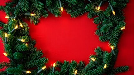 Green fir and pine branches form a winter holiday  Christmas new year card frame border decoration