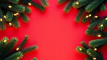 A festive Christmas wreath with red ribbon, green pine branches, and holly on a holiday background, perfect for a winter season celebration frame