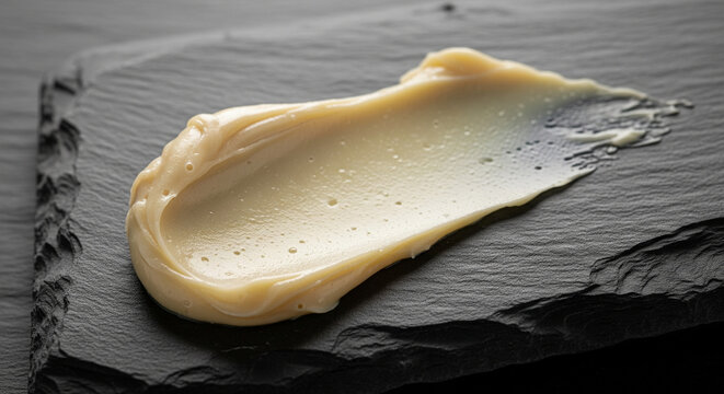 A close-up, studio shot of a thick, light yellow-colored creamy substance, resembling balm, wax, or butter, expertly smeared on a dark, textured slate or stone surface.