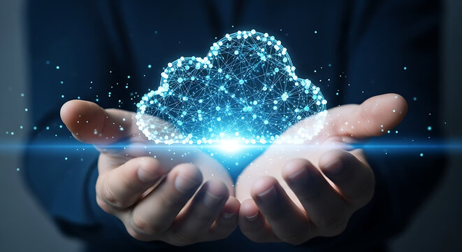 Embracing Data: A person tenderly holds a luminous, cloud-shaped structure, symbolizing the power of technological connectivity and data storage.