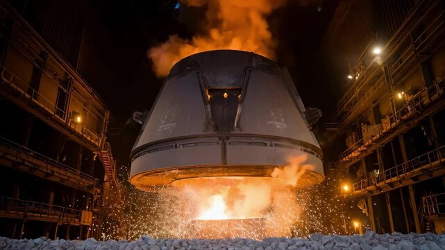 Medium angle of a large submerged arc furnace used for calcium carbide production with visible sparks and heated alloy inside the enclosure.