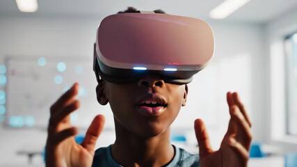 Child in VR headset experiences virtual reality, exploring immersive digital worlds. This VR headset experience brings digital content to life for student. - Powered by Adobe