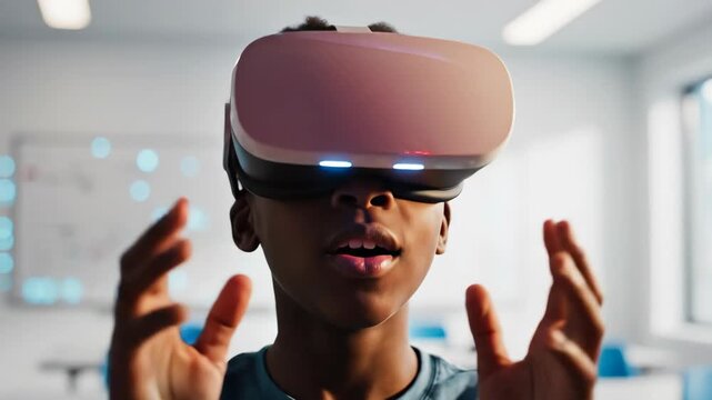 Child in VR headset experiences virtual reality, exploring immersive digital worlds. This VR headset experience brings digital content to life for student.