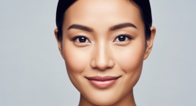 Close-up portrait of a smiling young woman with clear skin and natural makeup