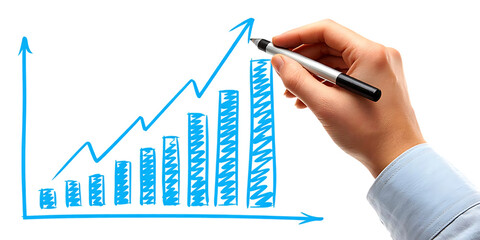 Hand drawing a rising business growth chart on a black background isolated on white background