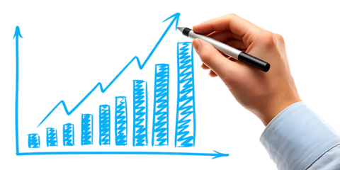 Hand drawing a rising business growth chart on a black background isolated on white background