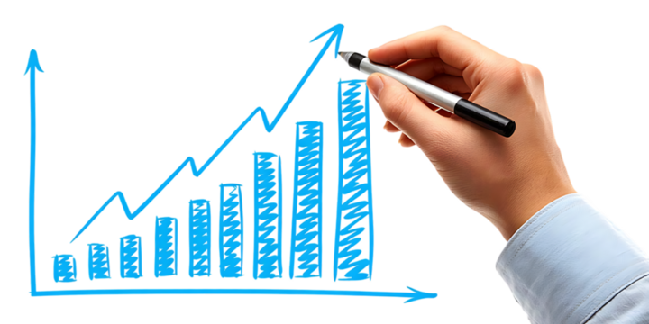 Hand drawing a rising business growth chart on a black background isolated on white background