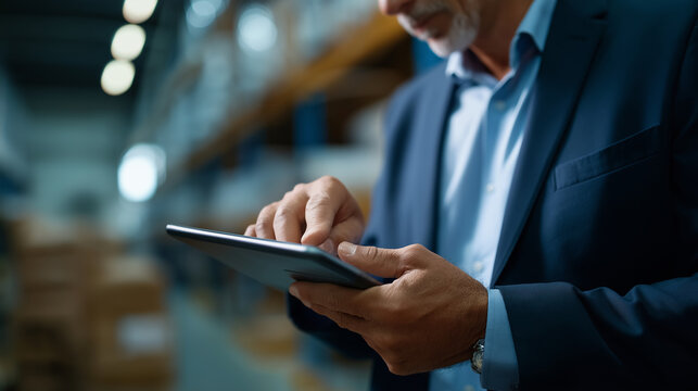 Business individual examining warehouse inventory with tablet device faceless man in formal attire defocused storage background logistics inspection stock management system rev